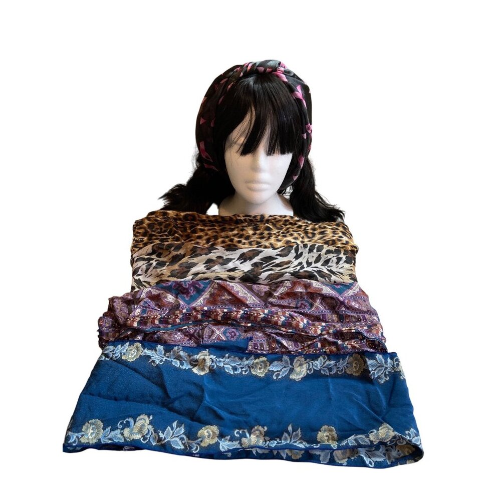 Vintage Hair Scarves Bundle Cejon Oscar De La Renta Leopard Paisley Floral Retro